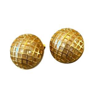 Vintage 1980s Les Bernard VC Vanity Domed Faux Pearl Gold Mesh Clip-On Earrings